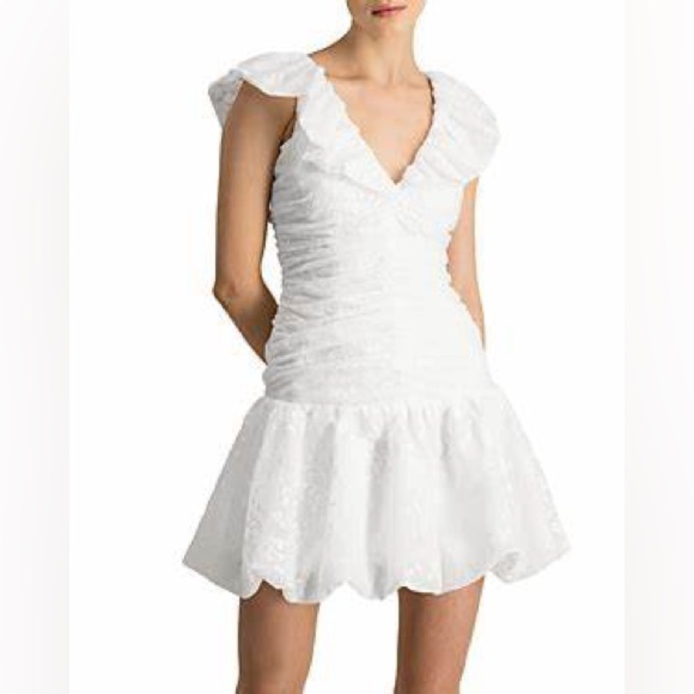 Monique Lhuillier White Organza Mini Dress with Ruffles